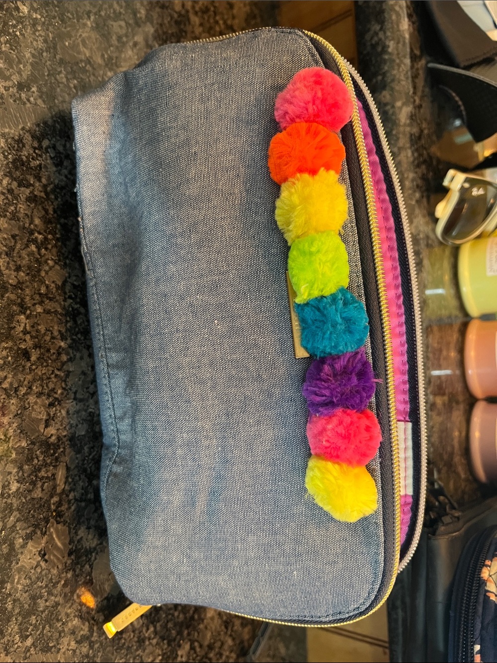 Women's Denim Cosmetic Bag with Rainbow Pom Poms